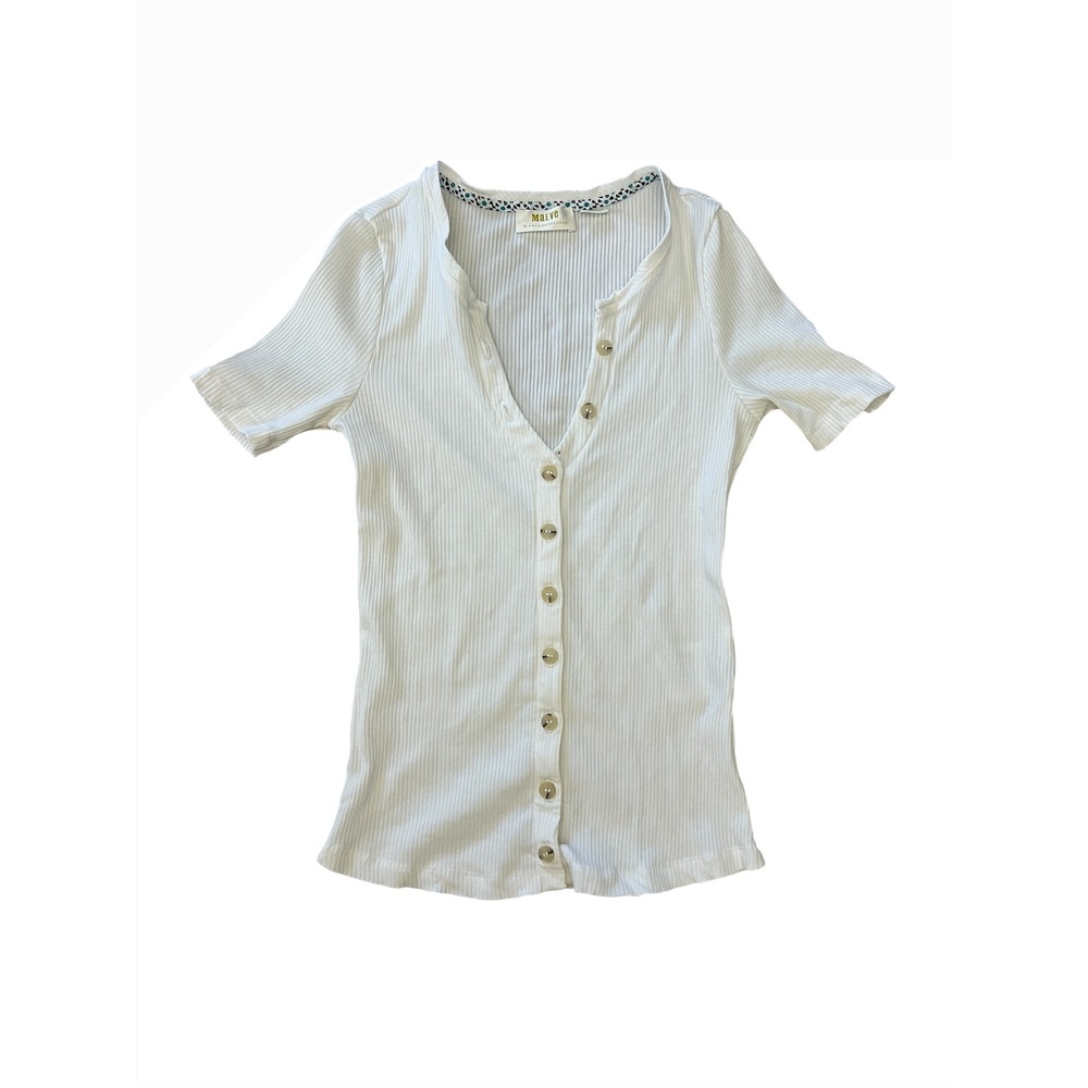 Maeve Anthropologie White Ribbed Tencel Blend Short Sleeve Button-Down Top